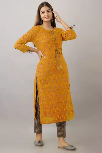women's rayon printed straight kurta in mustard