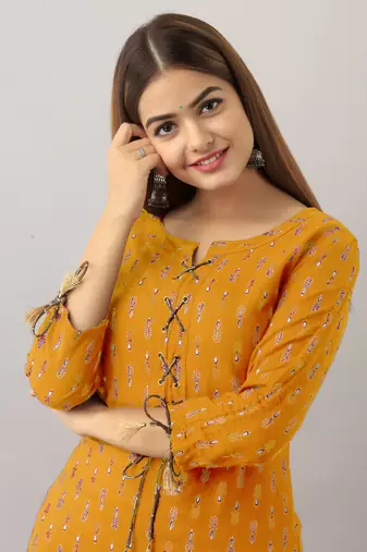 women's rayon printed straight kurta in mustard