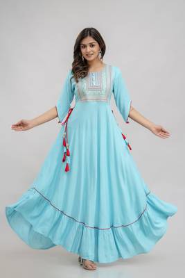 Aqua Rayon Threadwork Embroidered Anarkali Top 1