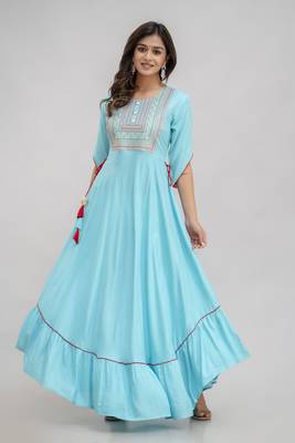 Aqua Rayon Threadwork Embroidered Anarkali Top 2