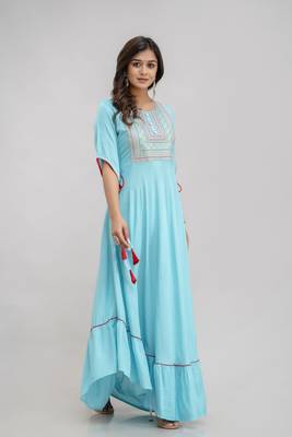 Aqua Rayon Threadwork Embroidered Anarkali Top 3