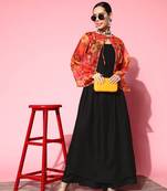 Black strappy set with pink mustard floral short organza cape