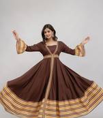 women's long flared printed kurta in brown