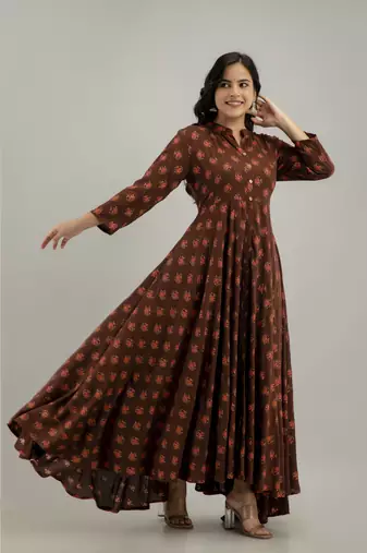 women's floral printed anarkali kurta in brown