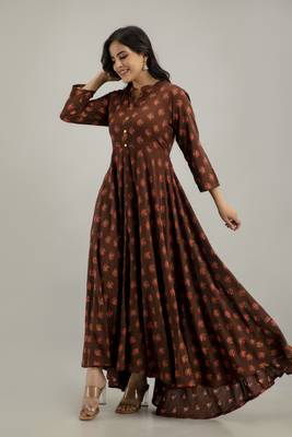 women's floral printed anarkali kurta in brown 3
