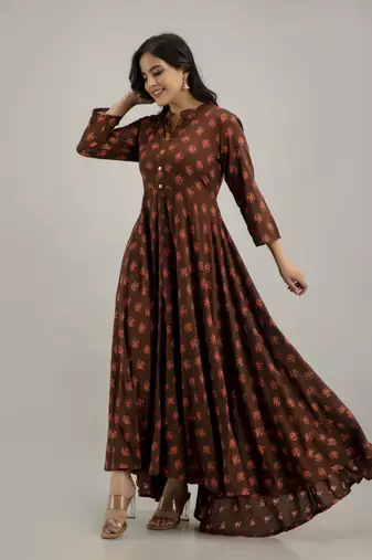women's floral printed anarkali kurta in brown