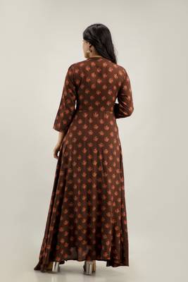 women's floral printed anarkali kurta in brown 4