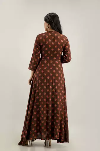 women's floral printed anarkali kurta in brown