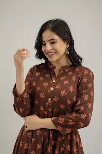 women's floral printed anarkali kurta in brown