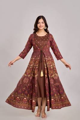 women's rayon embroidered anarkali kurta in brown 1