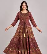 women's rayon embroidered anarkali kurta in brown