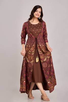 women's rayon embroidered anarkali kurta in brown 2