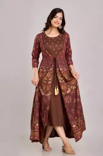 women's rayon embroidered anarkali kurta in brown