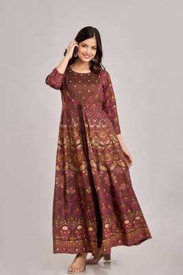 women's rayon embroidered anarkali kurta in brown 3