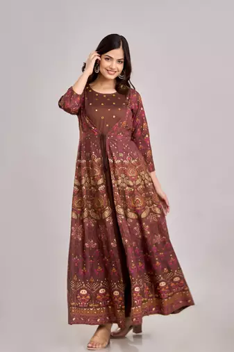 women's rayon embroidered anarkali kurta in brown