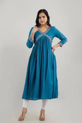 women's embroidered aliya cut kurta in blue 1