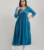 women's embroidered aliya cut kurta in blue