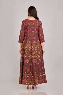 women's rayon embroidered anarkali kurta in brown 4