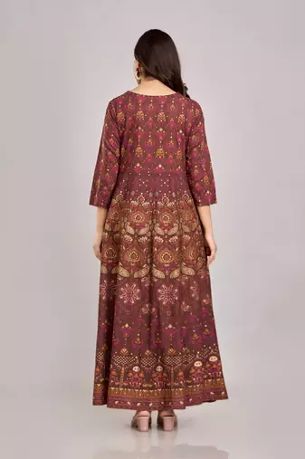 women's rayon embroidered anarkali kurta in brown