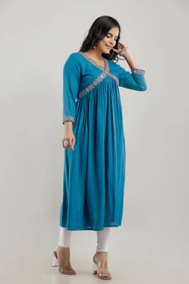 women's embroidered aliya cut kurta in blue 2