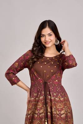 women's rayon embroidered anarkali kurta in brown 5