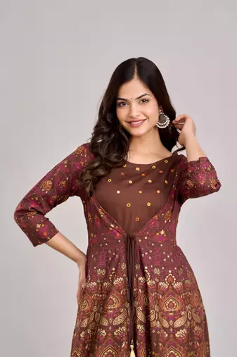 women's rayon embroidered anarkali kurta in brown