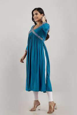 women's embroidered aliya cut kurta in blue 3