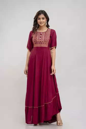 women's rayon embroidered anarkali kurta in maroon