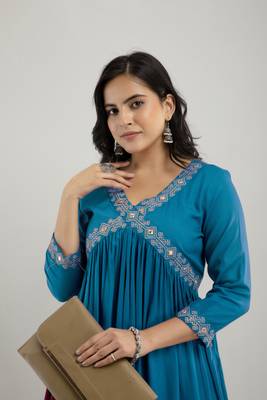 women's embroidered aliya cut kurta in blue 5