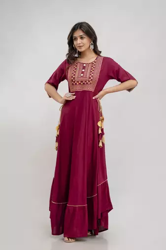 women's rayon embroidered anarkali kurta in maroon