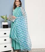 Teal lurex boho kurta set with sky blue white leh dupatta