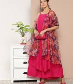 Fuchsia strappy set with navy floral organza dupatta
