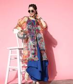 Ink blue strappy set with green floral long organza cape