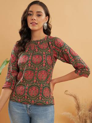 GREEN RED MUGHAL KALAMKARI TOP  1