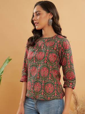 GREEN RED MUGHAL KALAMKARI TOP  2