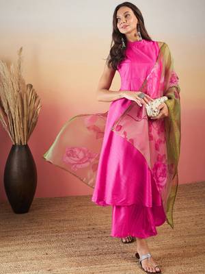 Fuchsia lurex boho kurta set olive pink organza dupatta 1