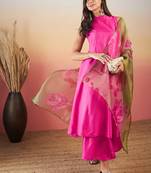 Fuchsia lurex boho kurta set olive pink organza dupatta