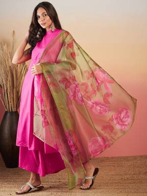Fuchsia lurex boho kurta set olive pink organza dupatta 2