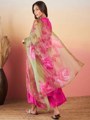 Fuchsia lurex boho kurta set olive pink organza dupatta 3