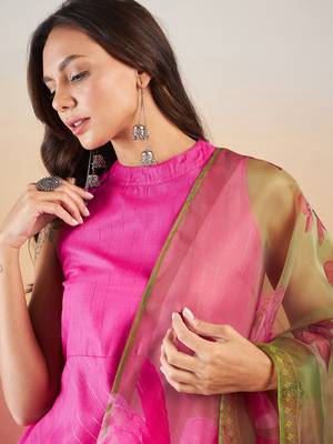 Fuchsia lurex boho kurta set olive pink organza dupatta 4