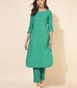 Janasya women's sea green cotton geometric straight kurta set