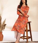 Janasya women's rust cotton floral regular kurta set