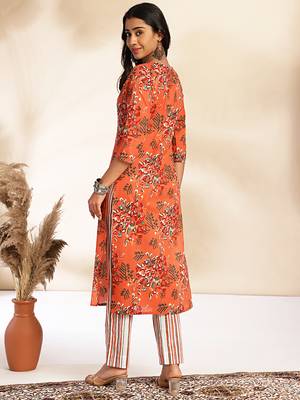 Janasya women's rust cotton floral regular kurta set 2