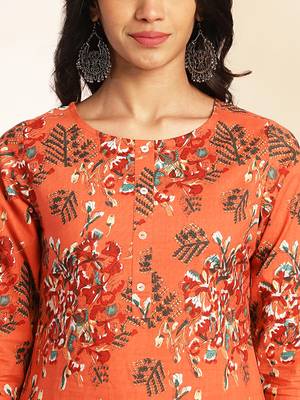 Janasya women's rust cotton floral regular kurta set 3