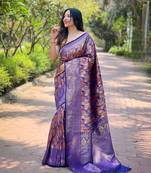 Psvan  Violet Faux Kanchipattu Silk Contrast Weaving Border Saree With Blouse For Women  
