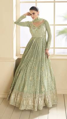Mehendi embroidered viscose jacquard semi stitched anarkali suit 1