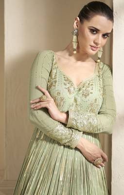 Mehendi embroidered viscose jacquard semi stitched anarkali suit 2