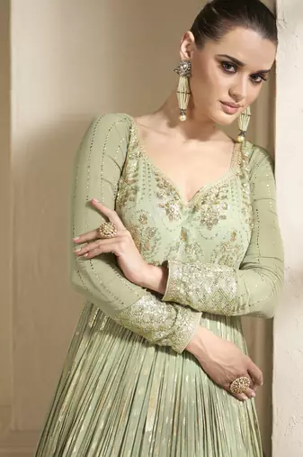 Mehendi embroidered viscose jacquard semi stitched anarkali suit