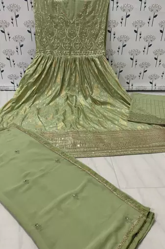 Mehendi embroidered viscose jacquard semi stitched anarkali suit
