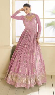 Purple embroidered viscose jacquard anarkali suit 1